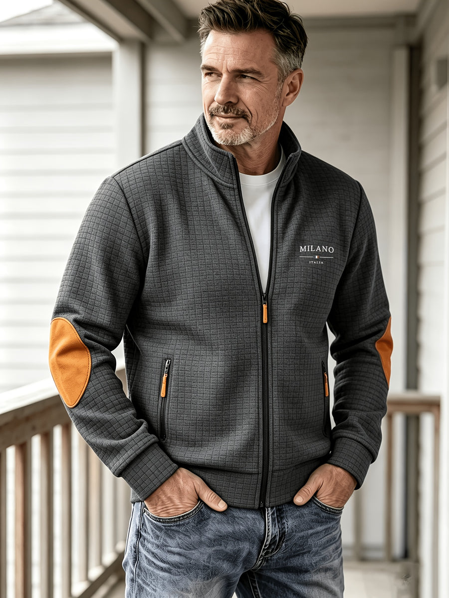 Men'S Autumn Winter Sports Stand-Collar Zipper Pocket Jacket, Spring Autumn Versatile Zipper Cardigan Top, Fashionable Plaid Jacquard Texture Fabric, Stylish Elbow Classic Color-Block Casual Coat, Suitable As Men'S Holiday Gift - Dark Gray