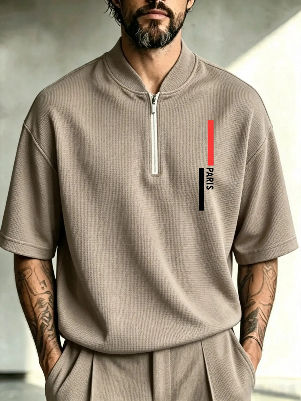 Men'S Waffle Half-Zip Stand Collar T-Shirt, Easy Vertical Stripe Paris Letter Print Loose Summer Casual Short Sleeve Top - 【Brown】