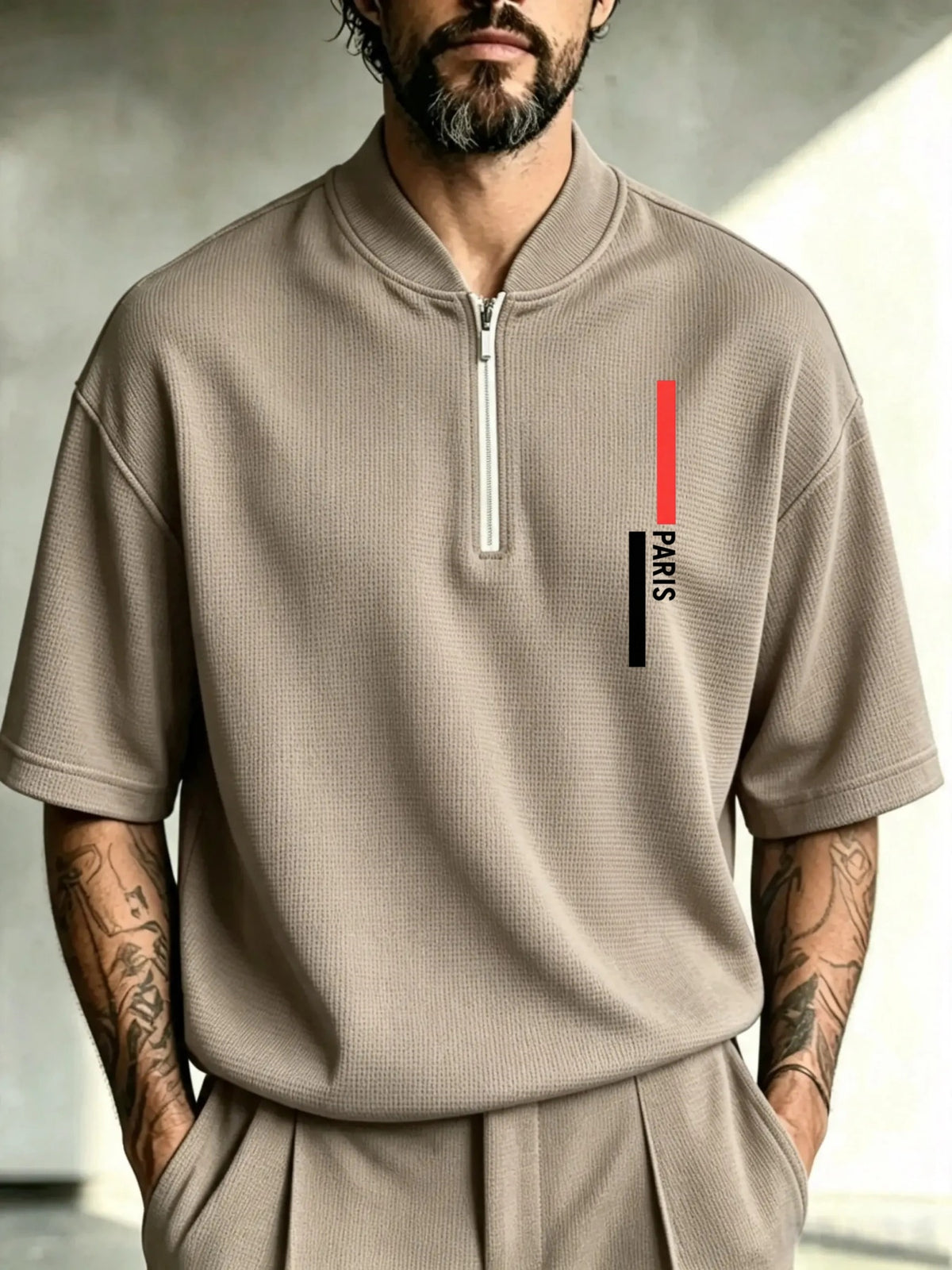 Men'S Waffle Half-Zip Stand Collar T-Shirt, Easy Vertical Stripe Paris Letter Print Loose Summer Casual Short Sleeve Top - 【Brown】