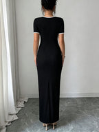 Women'S Elegant Romantic Black Heart Neck Bow Tie Waist Cincher Design Short Sleeve Bodycon Long Dress, Spring Summer Style, Suitable for Daily Office, Party, Travel, Elegant Dress, Sexy Dress - Black