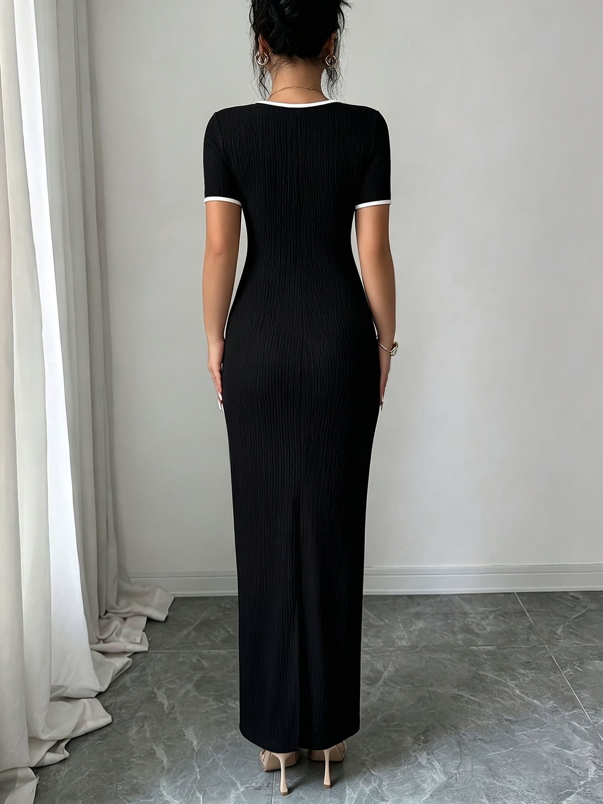 Women'S Elegant Romantic Black Heart Neck Bow Tie Waist Cincher Design Short Sleeve Bodycon Long Dress, Spring Summer Style, Suitable for Daily Office, Party, Travel, Elegant Dress, Sexy Dress - Black