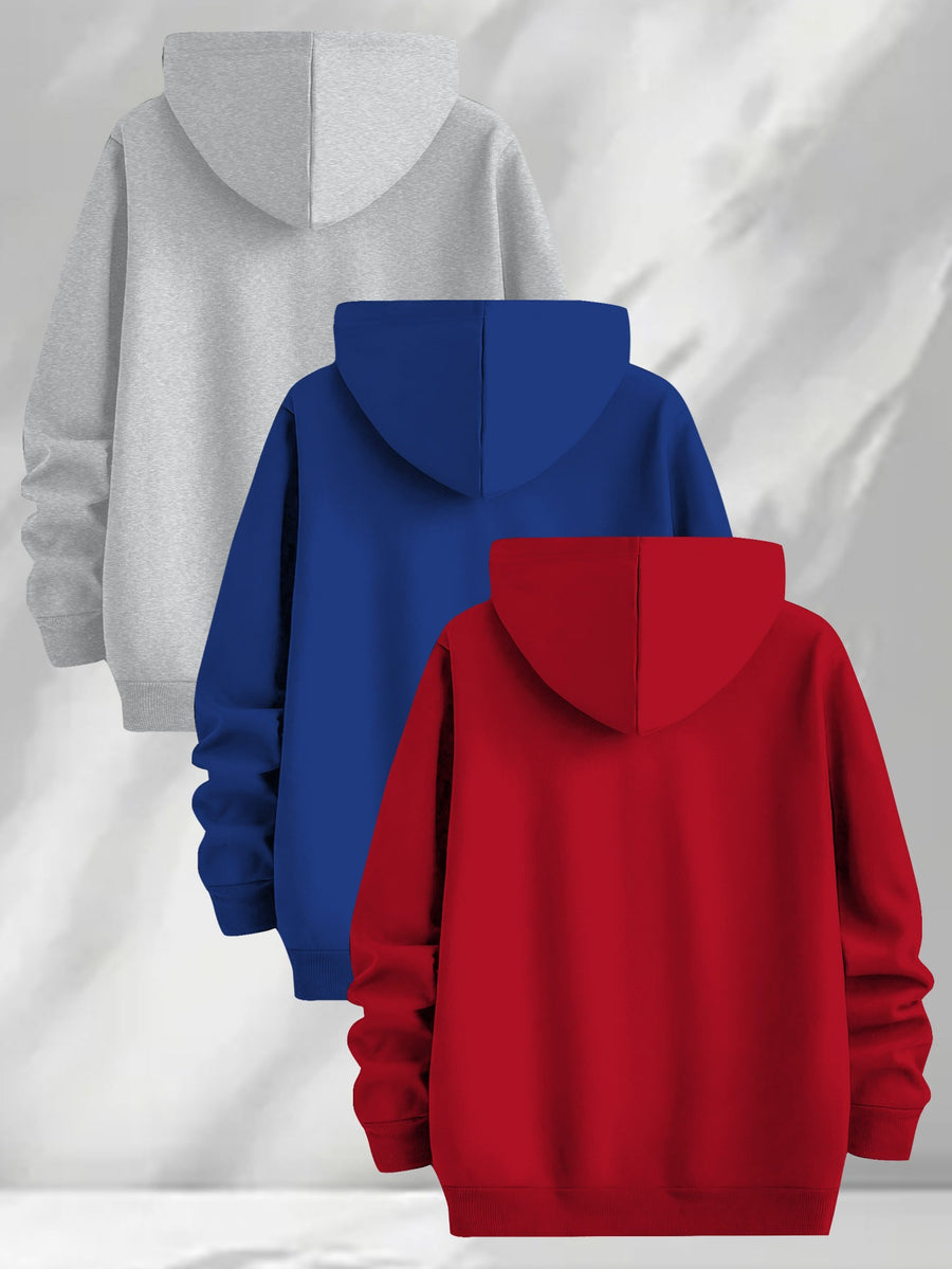 3pcs Urban Element Print Sweatshirt, Men's Casual Hooded Sweatshirt, Long-sleeve Pullover, Slight Stretch, Knitted Polyester Fabric, Regular Men's Hoodie - Light Gray + Blue + Red
