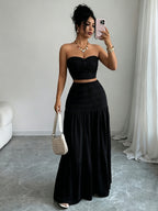Women'S Jacquard Twisted Short Top And Loose Skirt Set, Elegant Fashion, Suitable for Birthday, Date, Party, Formal Occasions, Music Festival, Valentine'S Day, Easter, Labor Day, Back to Party, Singles' Day, Spring And Summer Wear - Black