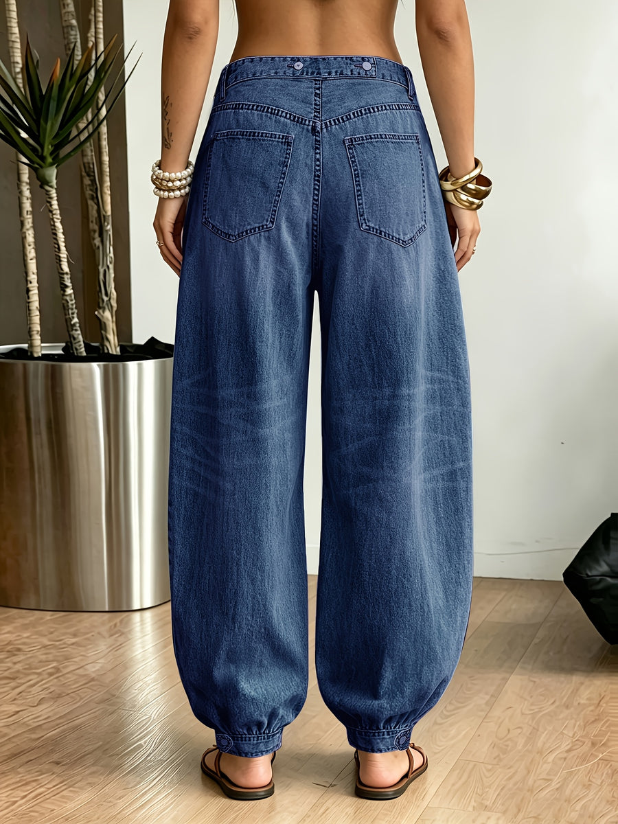 2026 New Light Blue Balloon Leg Denim Pants, Vintage Washed Oversized Barrel Jeans for Women, Elastic Hem Casual Trousers for Daily Wear - Deep Blue