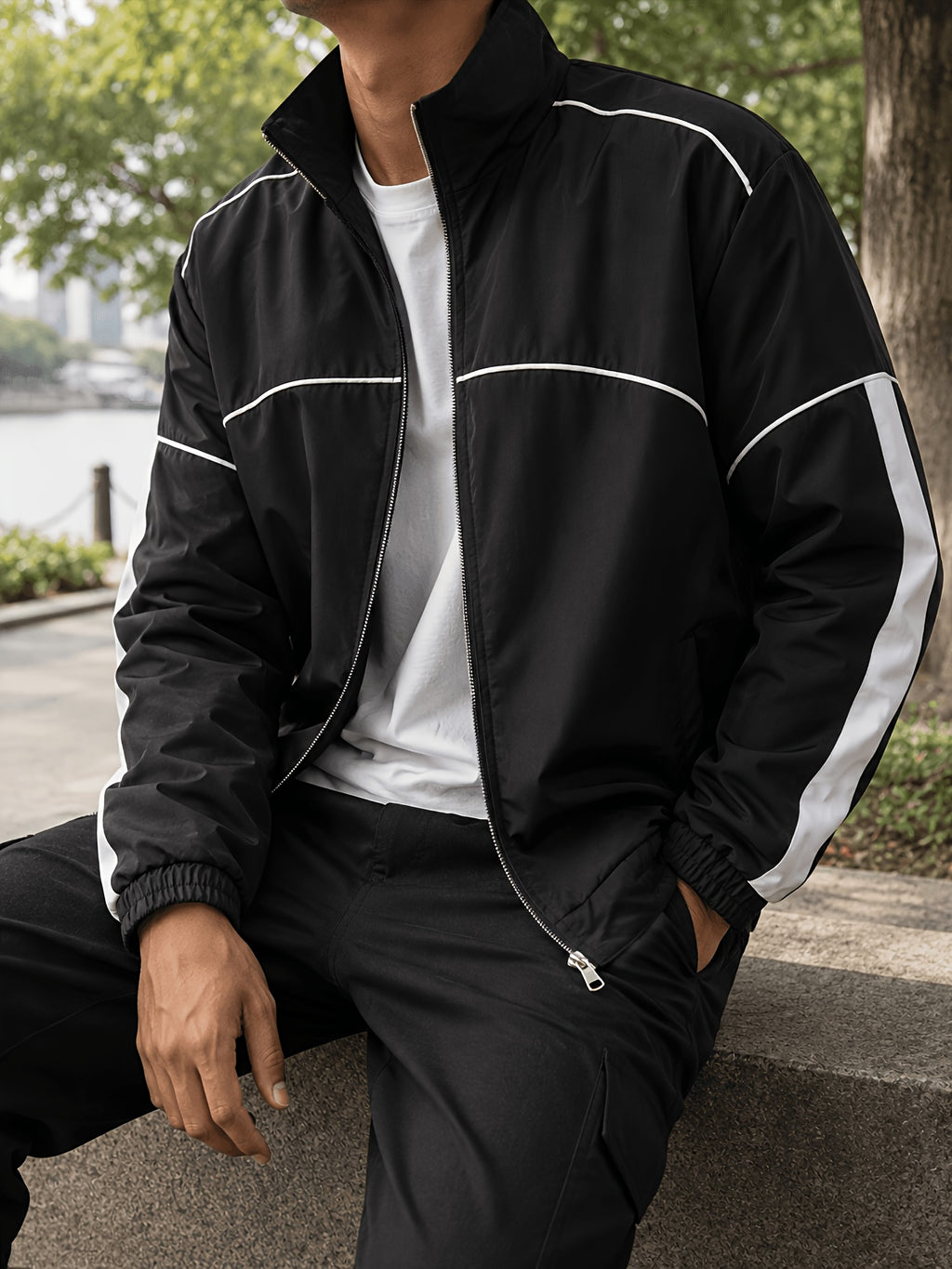 Men'S Color-Block Striped Stand-Collar Jacket, Autumn Casual Sporty Loose Long Sleeve Zipper Top, Western Street All-Match Commute Outdoor Men'S Clothing - Black
