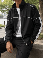 Men'S Color-Block Striped Stand-Collar Jacket, Autumn Casual Sporty Loose Long Sleeve Zipper Top, Western Street All-Match Commute Outdoor Men'S Clothing - Black