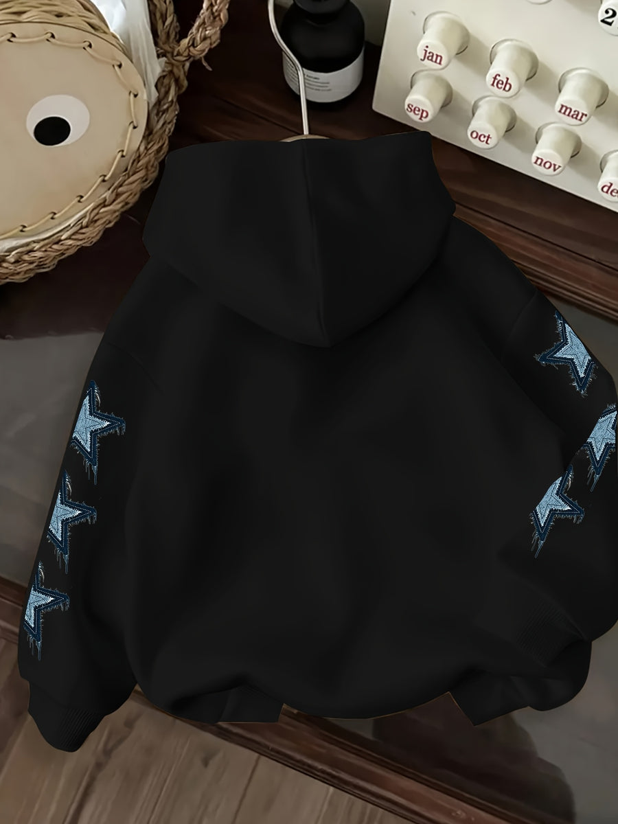 Vintage Denim Fringe Star Hooded Sweatshirt with All-Over Five-Pointed Star Print, a Versatile Casual Hoodie Top for Spring and Autumn - Black
