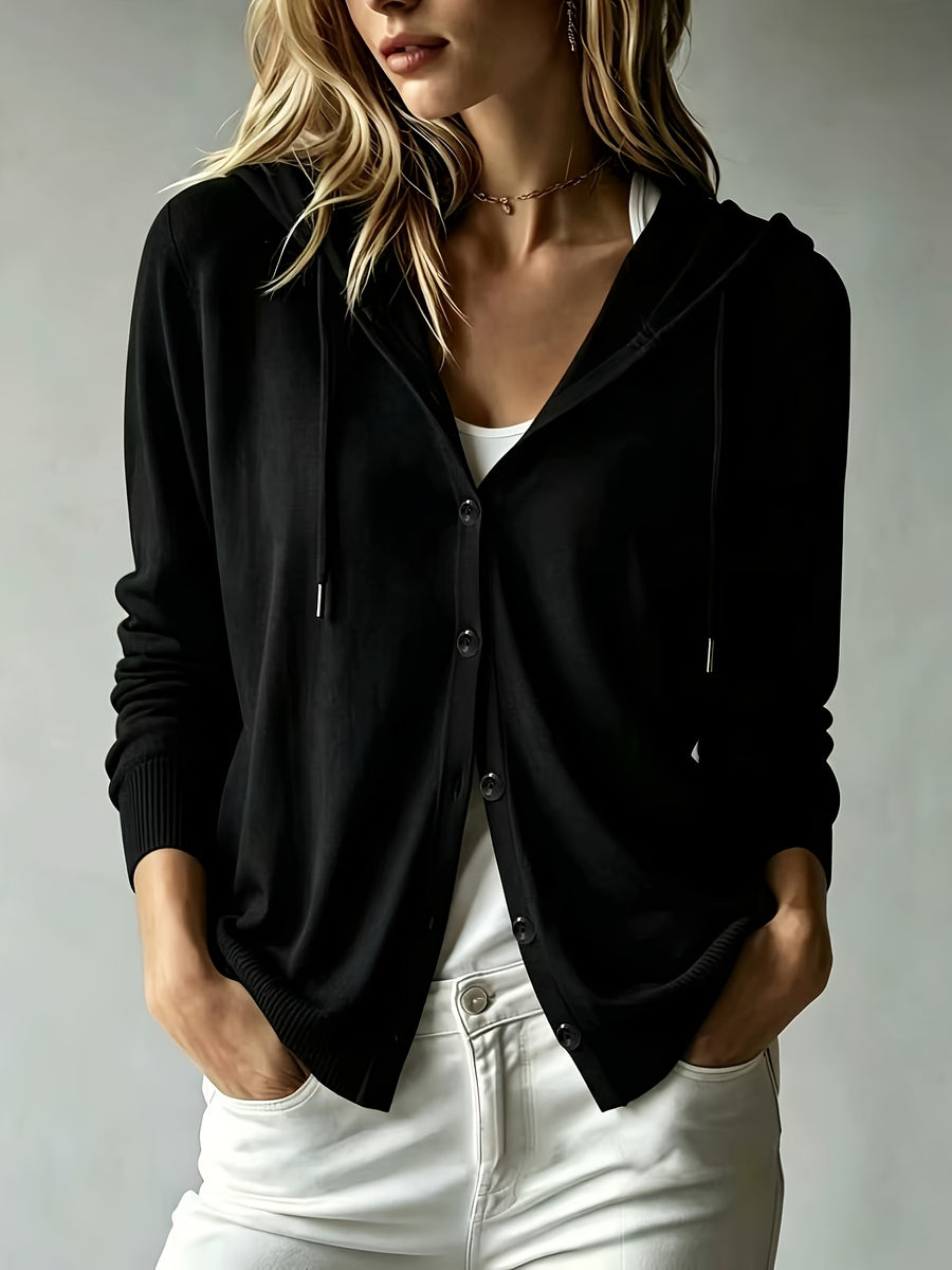 Women's Casual Hooded Cardigan, Button-Up Long Sleeve Top, Lightweight Loose Hooded Outerwear, Suitable for Daily/Commute/Vacation Multi-Scene Wear, Gavin - Black