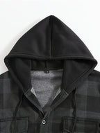 Men's Vintage Plaid Jacket, Men's Casual -Lined Shirt Jacket, Single-Breasted with Hood, Long Sleeve Outerwear, Men's Top, New Spring/Autumn Men's Outerwear - Dark Gray
