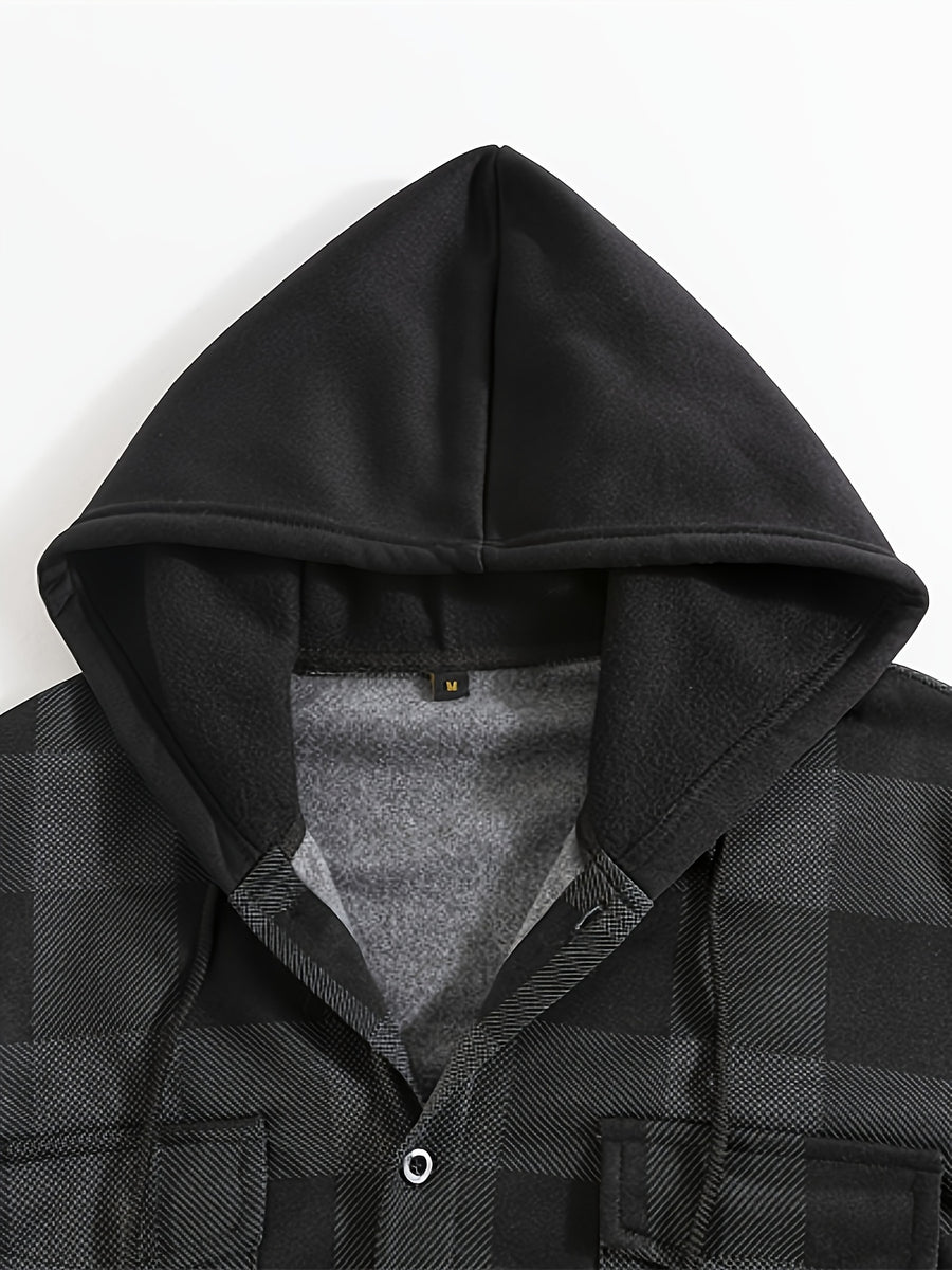 Men's Vintage Plaid Jacket, Men's Casual -Lined Shirt Jacket, Single-Breasted with Hood, Long Sleeve Outerwear, Men's Top, New Spring/Autumn Men's Outerwear - Dark Gray