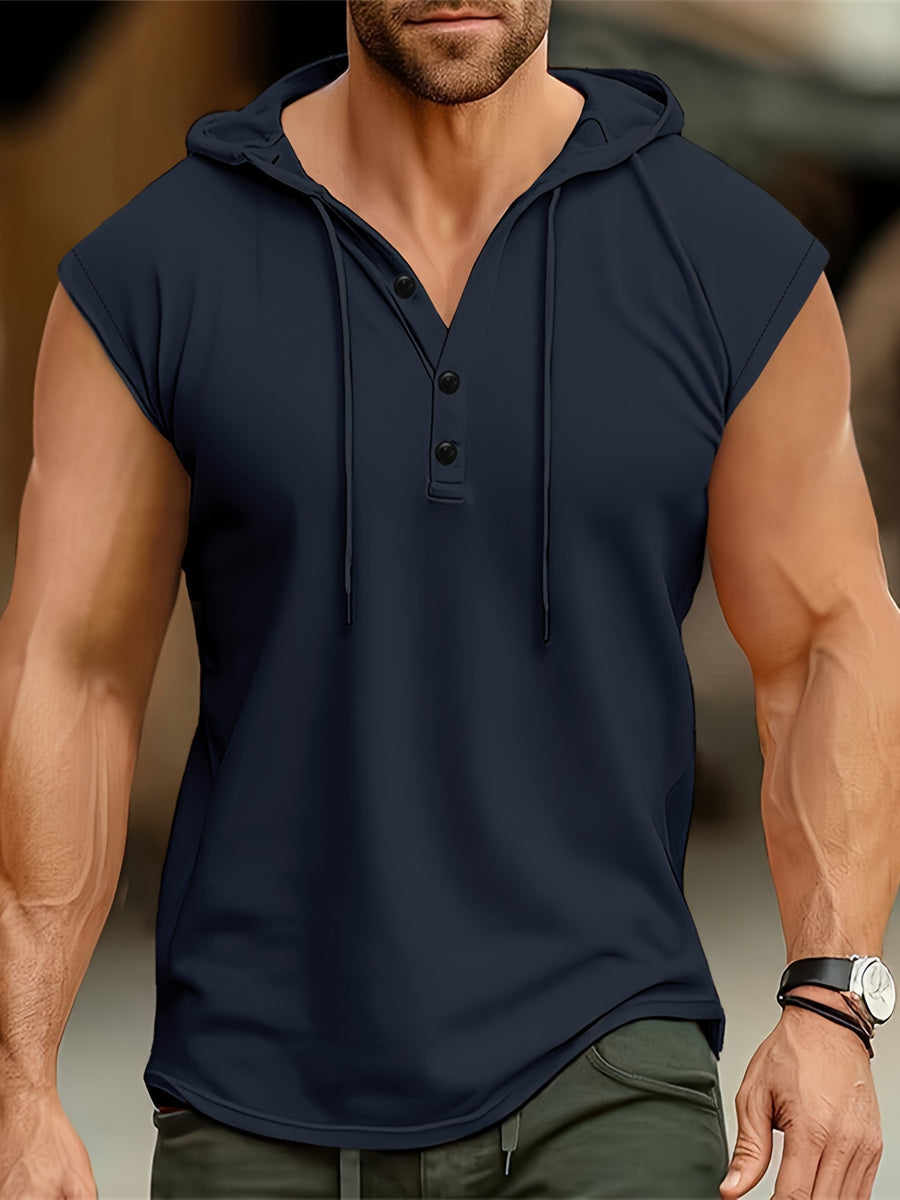 Men's Sleeveless Hooded Henley Shirt - Lightweight, Breathable Polyester | Summer Casual & Sporty Top with Button Detail | Machine Washable - Navy Color