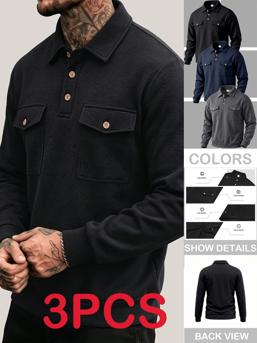 Autumn New Arrival 3pcs Set: Polo Collar Double Pocket Cargo Sweatshirt. Made of Thick Knitted Sweatshirt Fabric, Featuring a Half-zip Placket with Three Brown Vintage Buttons. Symmetrical Chest Cargo Pockets, Vintage Workwear Casual Style - Black Tibetan Deep