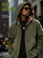 Men'S Full-Zip Hooded Jacket, Non-Removable Hood with Plaid Lining, Drawstring Hood Design, Large Kangaroo Pockets, Ribbed Cuffs And Hem, Loose Fit, Urban Street Casual Cargo Jacket - Olive
