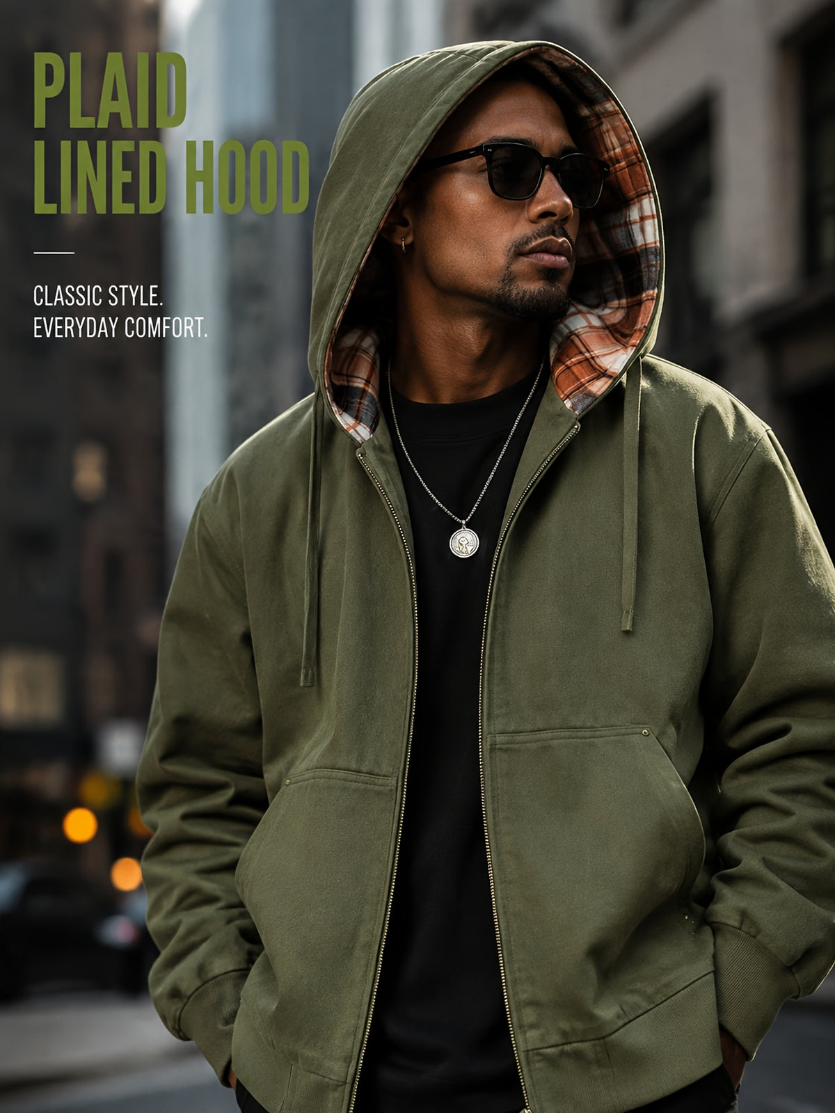 Men'S Full-Zip Hooded Jacket, Non-Removable Hood with Plaid Lining, Drawstring Hood Design, Large Kangaroo Pockets, Ribbed Cuffs And Hem, Loose Fit, Urban Street Casual Cargo Jacket - Olive