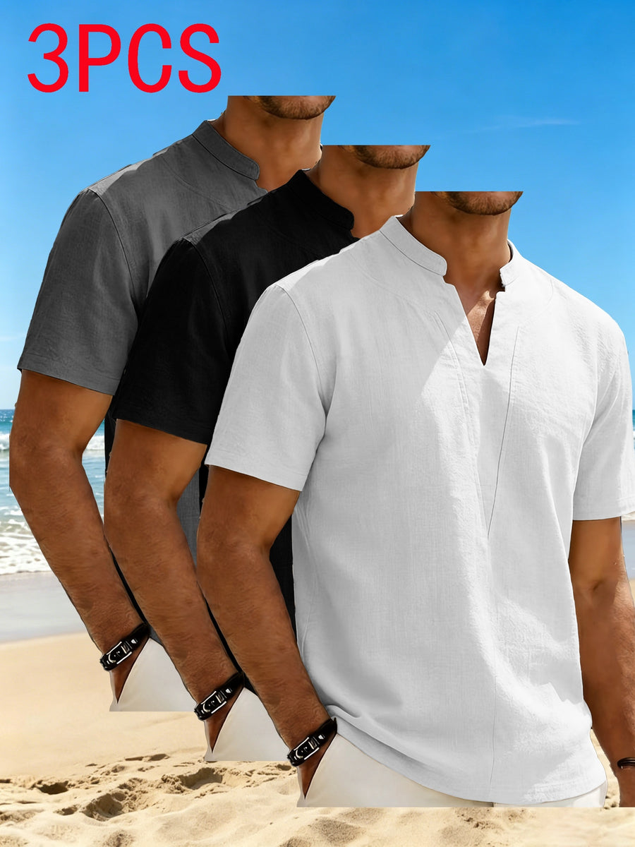 3-pc Men'S Minimalist Summer Casual Shirts, Linen-Feel Short Sleeve Stand Collar V-Neck Pullovers. Soft, Breathable & Loose Comfy Fit, Perfect for Business Casual, Holiday Trips, Weekend Parties And Daily Occasions - Black+White+Grey