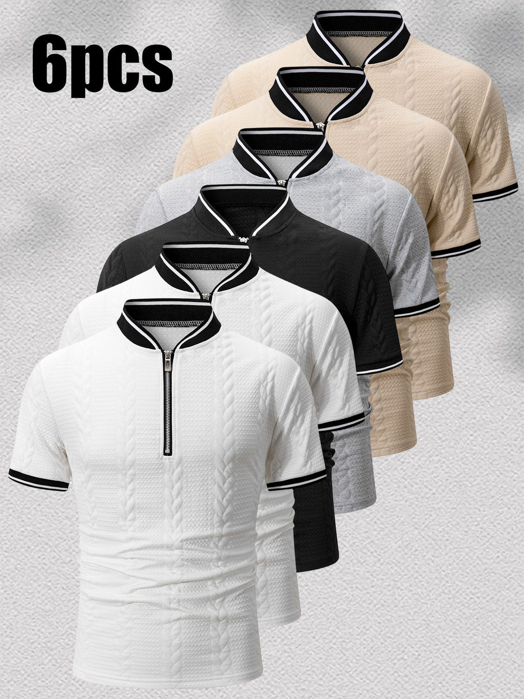 6pcs Men's Vintage Half-Zip Polo Shirts with Stand Collar & Baseball Collar/Cuffs - Breathable Cable Knit Short Sleeve T-Shirts, Color-Block Striped Suitable for Gym, Outdoor, Casual Wear - Machine Washable Retro Sportswear - + + Black + Light Gray + Khaki + Khaki