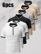 6pcs Men's Vintage Half-Zip Polo Shirts with Stand Collar & Baseball Collar/Cuffs - Breathable Cable Knit Short Sleeve T-Shirts, Color-Block Striped Suitable for Gym, Outdoor, Casual Wear - Machine Washable Retro Sportswear - + + Black + Light Gray + Khaki + Khaki