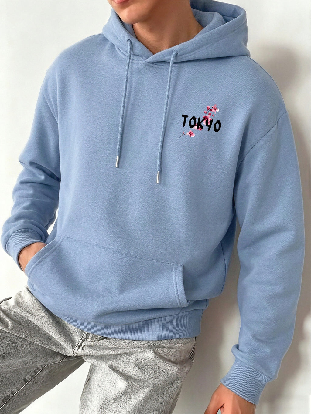 Men's Hooded Sweatshirt with Plum Blossom and Moon Pattern, Comfortable, Casual, Soft, and Breathable for Spring and Autumn Daily Wear - Light Blue Color