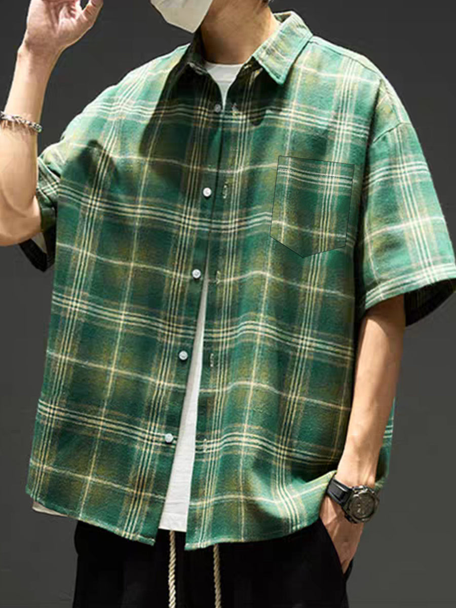 Men's American Vintage Style Green Plaid Short-Sleeve Shirt, Casual Lapel Collar, Trendy Outerwear Plaid Shirt - Green