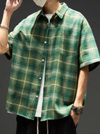 Men's American Vintage Style Green Plaid Short-Sleeve Shirt, Casual Lapel Collar, Trendy Outerwear Plaid Shirt - Green