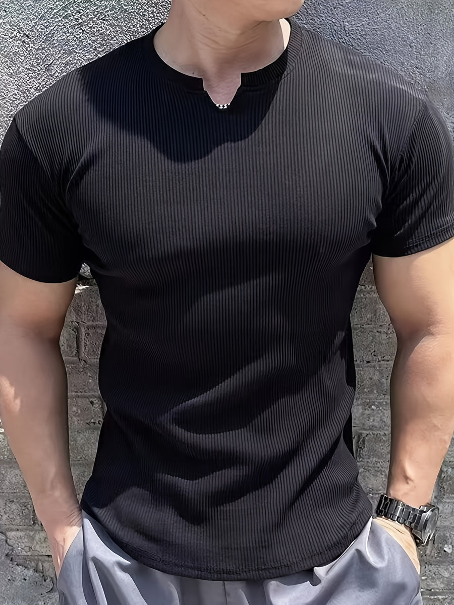 - Men'S Summer Trendy V-Neck Short-Sleeved T-Shirt, American Style Sports Fitness Breathable T-Shirt, Ribbed Slim Fit Casual Training Solid Color - Black