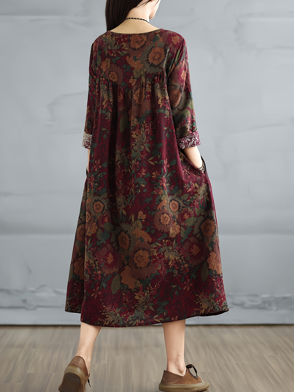 Spring/Autumn New Vintage Linen Printed Round Neck Long Sleeve Dress Women'S Loose Patchwork Cover-Up - Deep Red