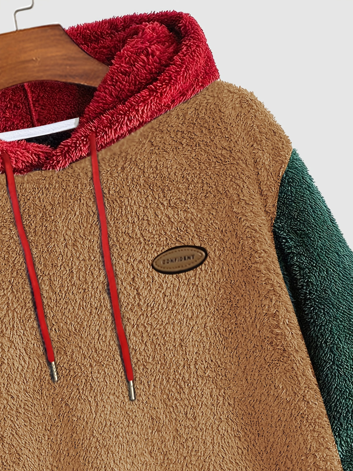 Men's Multicolor Plush Hoodie with Contrast Embroidery, Warm for Autumn/Winter, Long Sleeve, Machine Washable - Camel