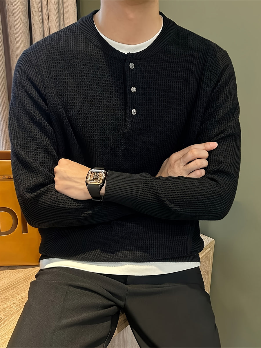 Waffle Knit Soft and Skin-Friendly Lazy Style Men's Henley Neck Pullover Base Layer Sweater - Athens Black