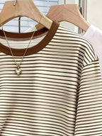 Brown And White Striped Women'S Printed Round Neck Short-Sleeved T-Shirt Style Women'S Top, Round Neck, Slim Fit, Fashionable And Versatile - Mixed colors