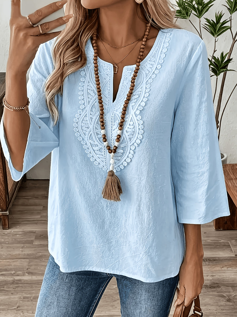 New Women'S V-Neck Lace Trim Blouse, Half-Sleeve Comfortable And Casual Vintage Clothing - Light Blue