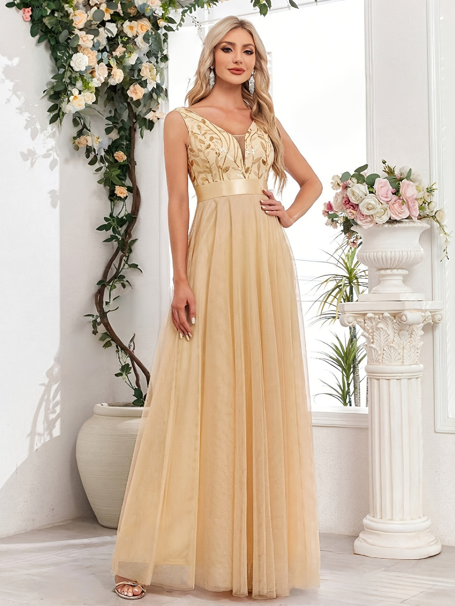 Fashionable Sexy New Women'S Sequin Mesh Patchwork A-Line Party Dress - Apricot