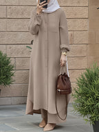 Eid | Elegant Front Button Autumn-Winter 2pcs Jilbab Set | Plain Front Button Abaya Women Modest + Loose Wide Leg Pants | Banquet, Date, Urban Commute - Khaki