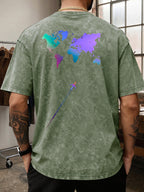 Men's Heavyweight T-Shirt Washed Distressed Gradient World Map Airplane Fashion Print Vintage Heavy Cotton Streetwear High Street Style Summer Casual Versatile Gym Fitness Daily Commute Tee 2026 Urban Fashion - fern green