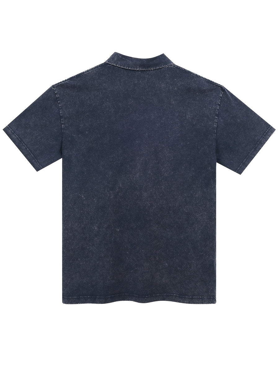 New American Hip-Hop Punk Style Washed Black Short Sleeve Lapel Loose Polo T-Shirt for Men And Women - Retro Distressed Design, Lightweight And Breathable Fabric, Streetwear Trendy Loose Polo Top, Suitable for Casual Wear And Outdoor Activities - Purplish Blue