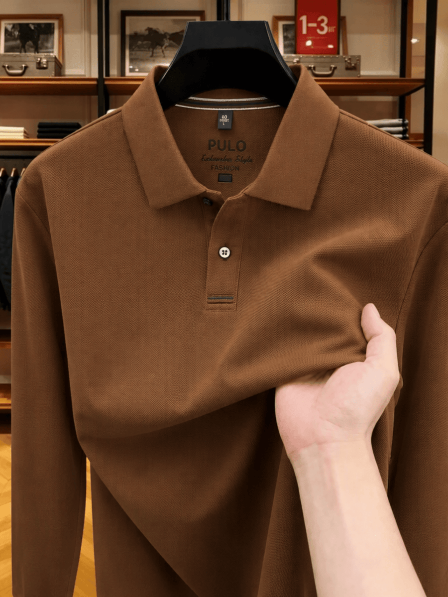 Men's Golf, Casual, Fishing, Tennis, Sports Solid Color Top, Spring/Autumn Apparel for Middle-aged and Young Men, Soft and Skin-friendly Piqué Pure Fabric, Long-Sleeve Polo Shirt, Men's Long-Sleeve T-Shirt, New Spring/Autumn Casual Turn- Collar Solid - Coffee Color