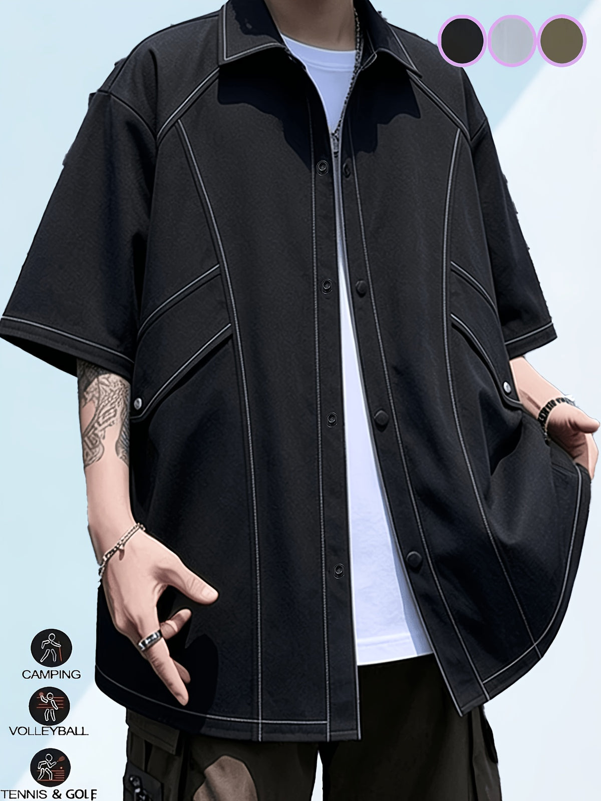 Zhiyu OBM Men's Multi-Color Workwear Short-Sleeve Shirt Jacket, Functional Topstitch Design Casual Outdoor Shirt, Cool and Stylish Must-Have Shirt Jacket for Boys - Black