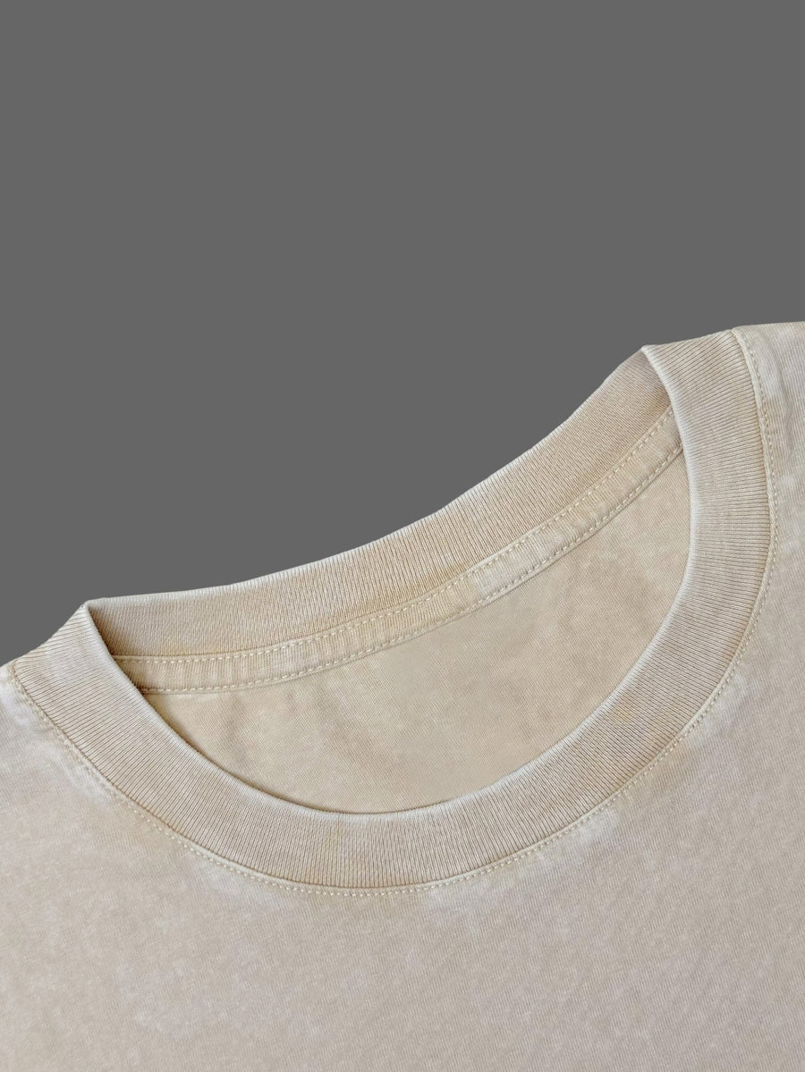 Women's Retro-style Drop-shoulder Loose-fitting Solid Color Pure Washed T-shirt, Fashionable and Casual Short-sleeved Top, Suitable for Everyday Casual Wear, Street Style. - Off-white