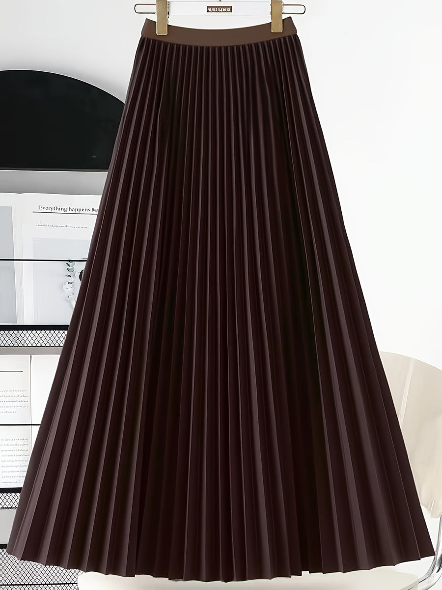 Elegant Women'S Pleated Skirt Light Gray - Fiber Is Not Easy to Stretch, Machine Washable, Solid Color, Versatile Casual Formal Style, Vertical Pleated Design - Coffee Brown