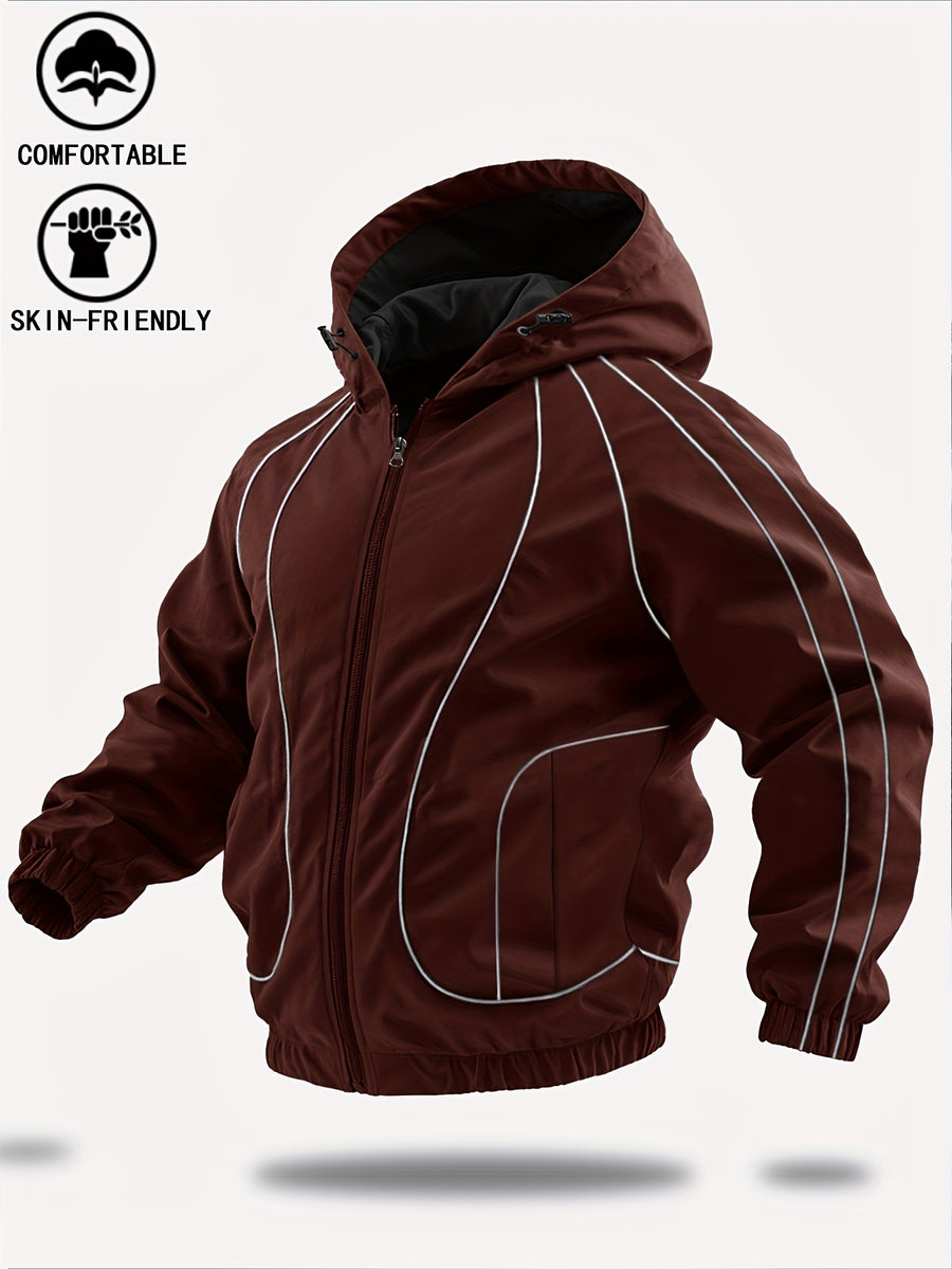 New Autumn/Winter Men's Trendy Hooded Casual Sport Jacket, Loose Fit Fashionable Versatile Jacket with Full-Body Drawstring Design, Outerwear Windbreaker JK5689 - Burgundy