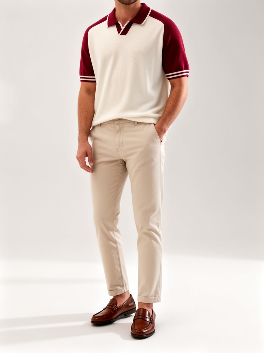 Men's Color-Block Summer Breathable Saddle Shoulder Knit Shirt, Short Sleeve Lapel V-Neck Casual Light Business Knit Top - White