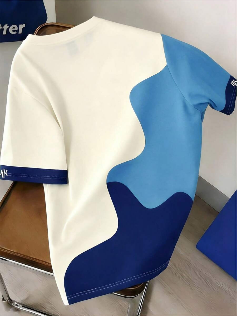 Men'S Casual Athletic T-Shirt, Beige Brown Gradient Wavy Contrast HK Small Label Print Design, Fashion Thin Breathable Tee, Machine Washable Casual Short Sleeve Top - Mixed Color 1