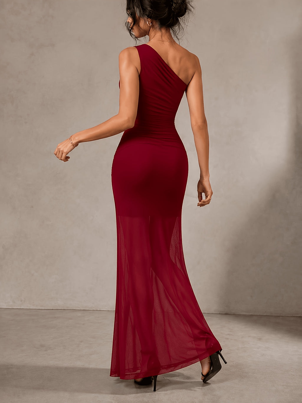 Wine Red Asymmetrical Pleated Mesh-paneled Long Evening Gown for Women, a Slim-fit, Figure-flattering, and Draped Formal Dress Suitable for Wedding Guests, Cocktail Parties, Balls, and Formal Occasions - Red