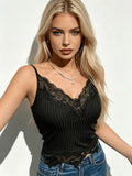 Women'S Sexy Lace Trim Ribbed Cami Top - Black