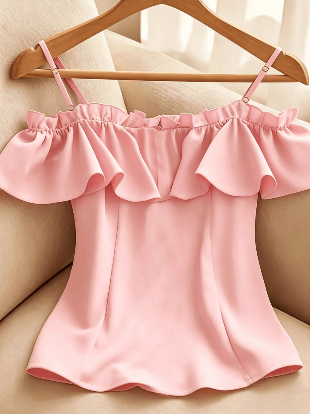 Women's Summer Casual Solid Color Off-Shoulder Ruffle Camisole Tank Top - Pink
