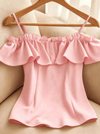 Women's Summer Casual Solid Color Off-Shoulder Ruffle Camisole Tank Top - Pink