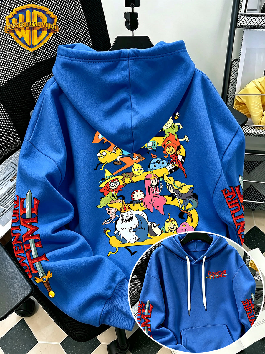 Warner Bros Official Adventure Time Letter B Full Cast All-Around Cartoon Print Hooded Sweatshirt - Men's Casual Versatile Sweatshirt, Comfortable Autumn/Winter Wear, Ideal for Sports, Outdoors, Outings, Travel, and Daily/Commute/Home Use - Blue