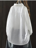 Women'S Literary Retro Embroidered Lapel White Long Sleeve Shirt Summer - White