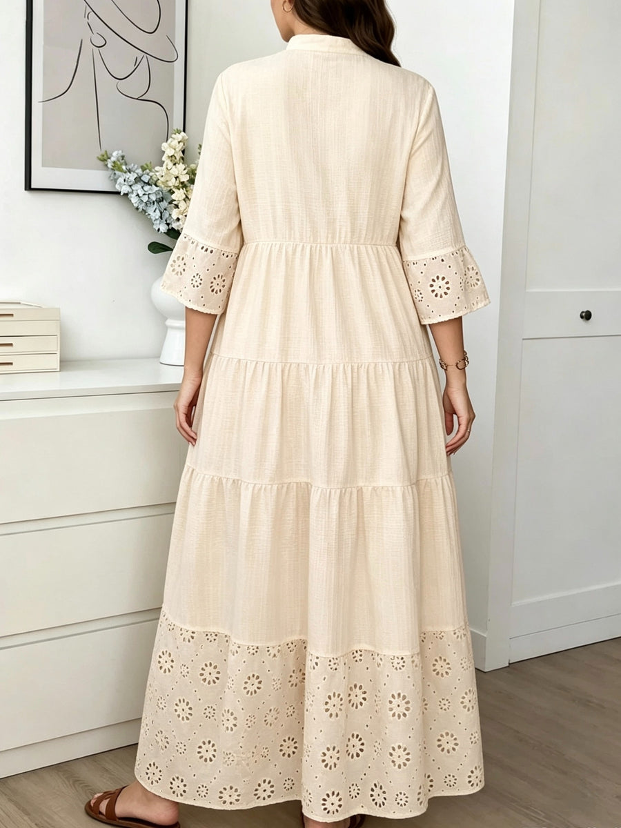 Plus Size - Yellow V-Neck Hollow-Out Embroidered Dress, Plus Size Women'S Stand-Up Collar Sleeve And Hem Hollow Design, Loose Vacation Style Long Dress - Apricot