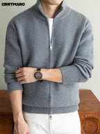 Men's Heavyweight Thick Striped Zip Neck Stand Collar Knit Cardigan, Warm Casual Layering Top for Fall and Winter - Grey