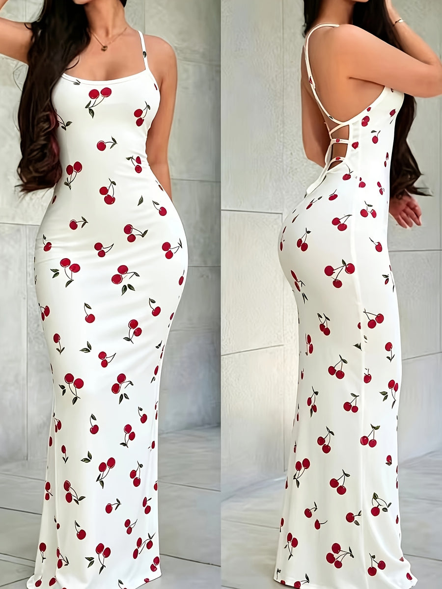 Women's Cherry Print Bodycon Long Camisole Dress, Backless Cross-Strap Long Dress, Summer Slim Fit Dress Suitable for Vacation, Beach, and Parties - Multicolor